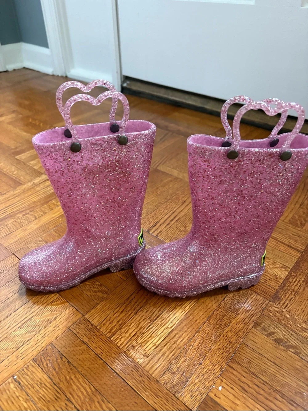 Western Chief Pink Glitter Kids Rain Boots with Heart Handles